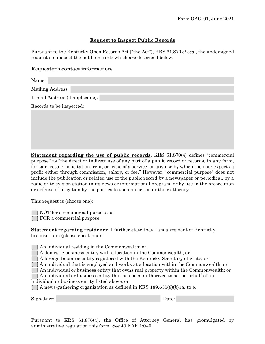 Allen County booking record OAG-01 request form